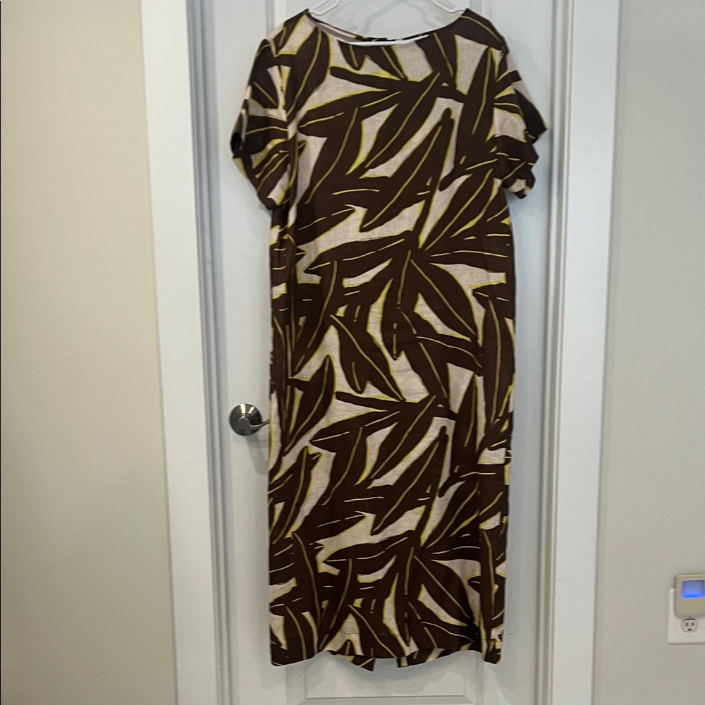 Anthropologie WHIT TWO Brown and Yellow Leaf Maxi Dress